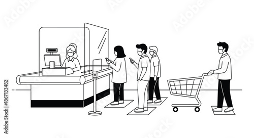 People wearing face masks and keeping social distance while standing in a queue at a grocery store checkout during a pandemic.