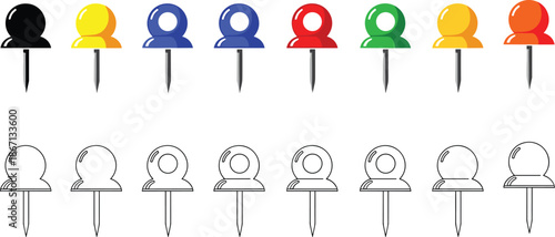 Colorful push pins, outline icons, office supplies, stationery tools, vector illustration, graphic design elements, isolated set, school, business, decor