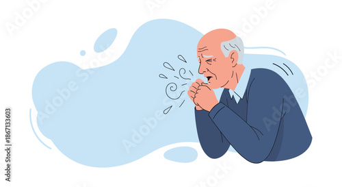 Elderly man suffering from a cough or difficulty breathing, representing health issues, illness, or aging related conditions.