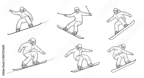 Set of various action poses of a snowboarder performing different tricks and movements on a mountain slope during winter.