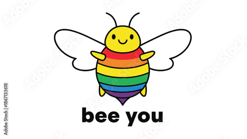 Friendly cartoon bee with a rainbow striped body and text reading bee you to promote LGBTQ pride, self-love, and diversity.
