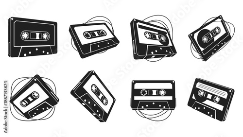 Various black and white illustrations of audio cassette tapes shown from different perspectives for music production themes.
