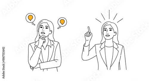 Businesswoman illustrating a sequence of thinking deeply and then finding a brilliant idea or a solution to a work problem.