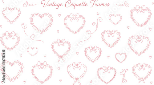 Vintage coquette heart frames, romantic pink borders, scalloped edges, decorative bows, elegant flourishes, vector design, love theme, isolated elements