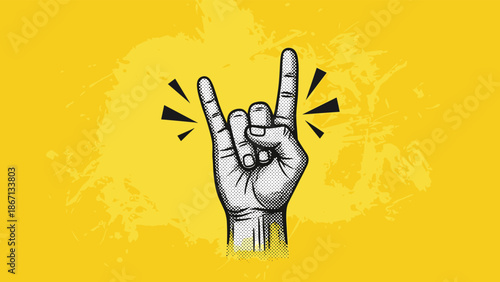 Retro hand gesture showing the rock on sign with a halftone pattern on a bright yellow splattered and textured background.
