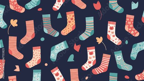 Fun and quirky pattern of colorful socks featuring cute cat faces and stripes on a dark navy blue background for textile.
