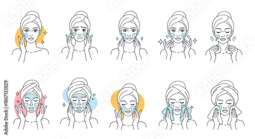 Comprehensive set of illustrations showing a step-by-step female skincare routine from washing the face to applying a mask.