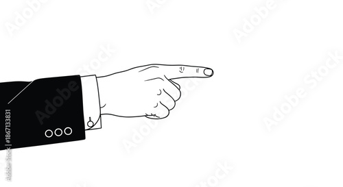Close up illustration of a hand in a suit sleeve pointing its finger forward, representing direction, leadership, or an accusation.