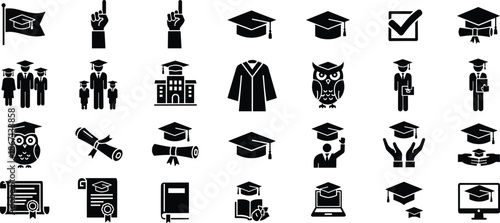 Education graduation icons set, academic symbols, learning achievement, diploma cap, university college illustration, school success, knowledge concept vector collection