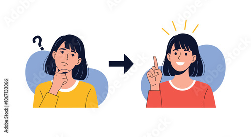 Young woman transitioning from a confused state with a question mark to having a brilliant idea with bright light rays.