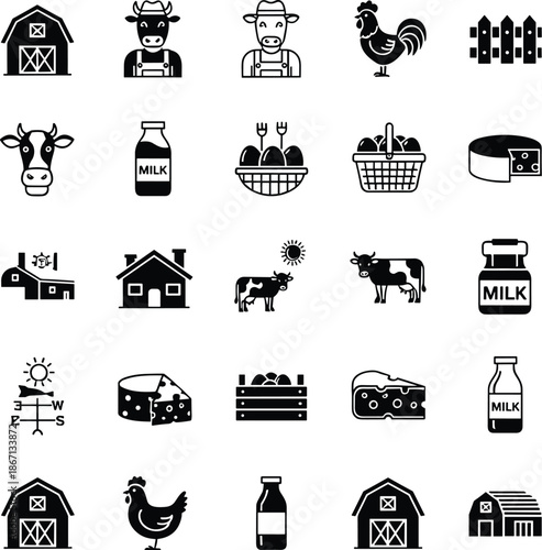 Farm agriculture icon set with barns cows chickens milk cheese baskets rustic rural farming symbols vector illustration for adobe stock