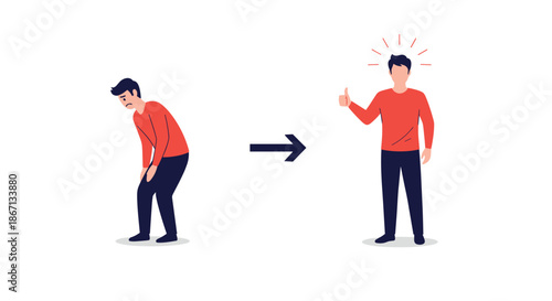 Confident man showing a transformation from feeling sad and slumped to happy and successful with a thumbs up gesture.