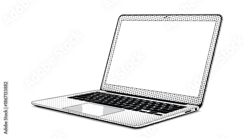Clean and modern illustration of an open laptop computer in a minimalist line art style with subtle halftone shading effects.
