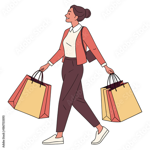 Happy Woman Holding Shopping Bags. Retail & Consumerism Vector