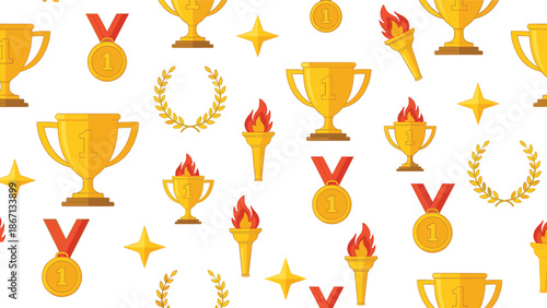 Pattern of golden trophies, winner medals, and laurel wreaths for sports competition, success, and achievement backgrounds.