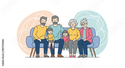 Large multi-generational family including grandparents, parents, and children sitting together on a comfortable sofa.
