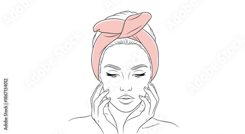 Line drawing of a woman's face wearing a pink headband and touching her skin for a beauty and skincare routine theme.
