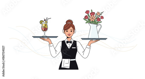 Friendly waitress in a professional uniform holding two trays with a cocktail drink and a flower vase respectively.