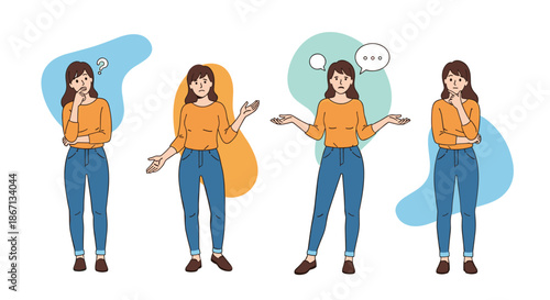 Four panels showing a young woman in an orange shirt and blue jeans with various confused and questioning poses.