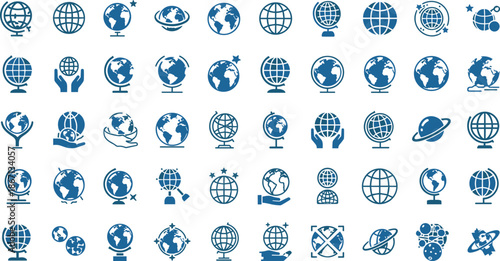 Global earth globe icons set, world map symbols, planet illustrations, geography education, international communication, navigation, sustainability, modern flat design