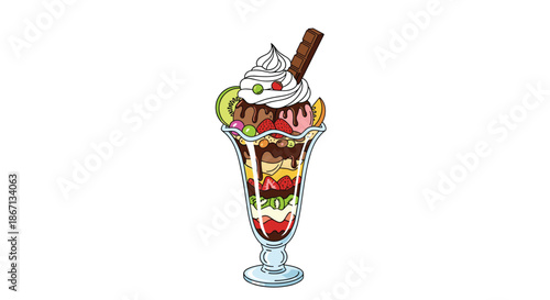 Delicious tall dessert parfait with layers of fruit, chocolate, whipped cream, and a chocolate bar garnish for kids.