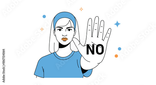 Woman making a stop gesture with her hand featuring the word NO written on her palm for firm refusal or protest.