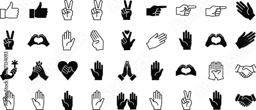 Hand gestures icons set, black and white symbols, communication signs, vector illustrations, digital design elements, UI emoji collection, expressive hands