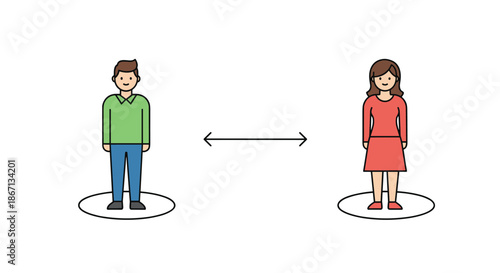 Man and woman standing at a distance with a double-headed arrow between them to represent necessary social distancing.