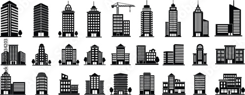 Modern city building icons set, urban skyline architecture silhouettes, real estate construction office skyscraper vector illustration collection for design branding