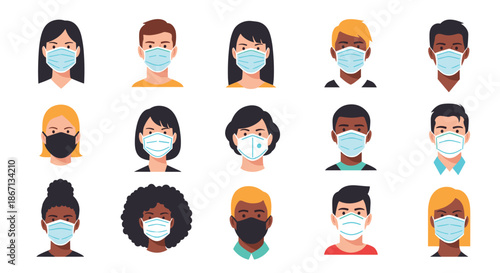 Grid of fifteen diverse people icons all wearing protective light blue or black face masks for public health safety.