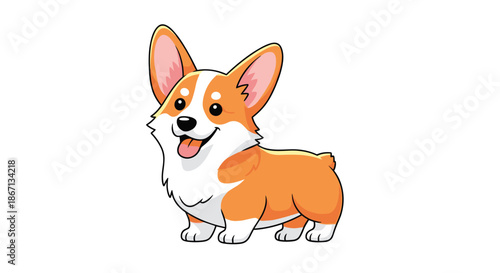 Adorable cartoon illustration of a happy Corgi dog standing and smiling with its tongue out on a white background.