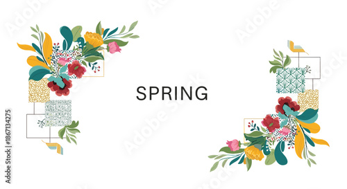 Decorative SPRING text surrounded by two artistic corner floral arrangements with bright red and yellow flowers.