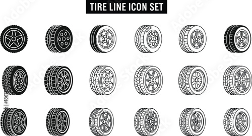 Tire icon set, wheel illustrations, automotive symbols, tread designs, rim graphics, car parts, vehicle icons, mechanic tools, transport visuals, blueprint style