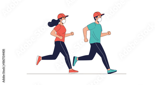 Active man and woman wearing protective face masks while jogging together for a healthy and safe lifestyle outdoors.