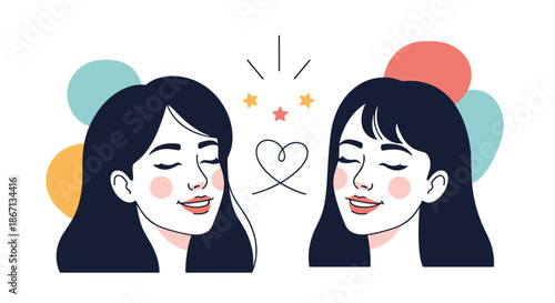 Two identical women looking at each other with closed eyes and a heart between them to symbolize deep self-love or bond.