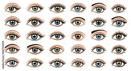 Extensive grid of thirty different human eyes showing a wide variety of colors, shapes, and unique eyelash styles.