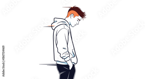 Profile view of a young man with a modern haircut wearing a white hoodie and looking down with motion lines effect.