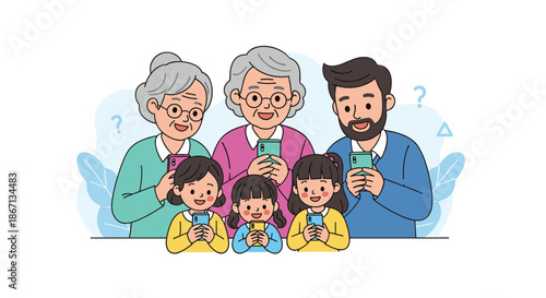 Happy family members of different generations using their smartphones together to browse the internet and communicate online.