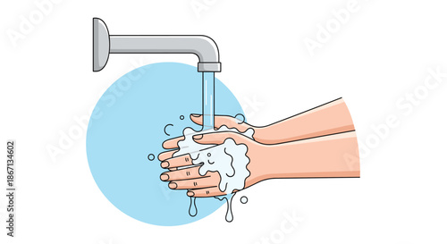 Close up of human hands being washed under a stream of water from a faucet with soap bubbles for hygiene and cleanliness.