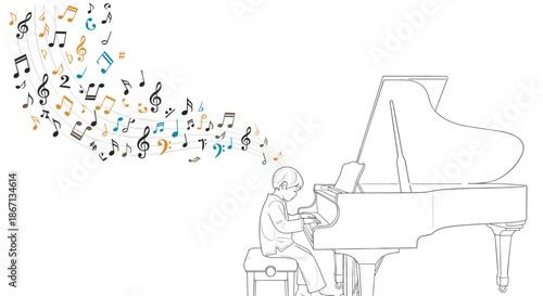 Creative line drawing of a young boy playing a large grand piano with colorful music notes flowing out of his head into the air.