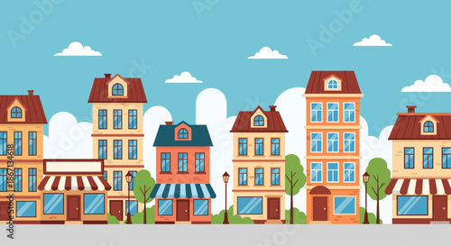 Charming urban street scene with colorful multi story houses and shops under a bright blue sky with soft white clouds.