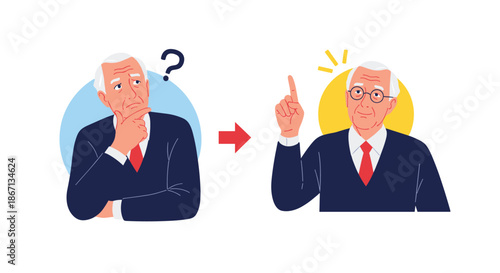 Sequence of images showing an elderly businessman first thinking of a question and then having a bright idea with a light bulb moment.