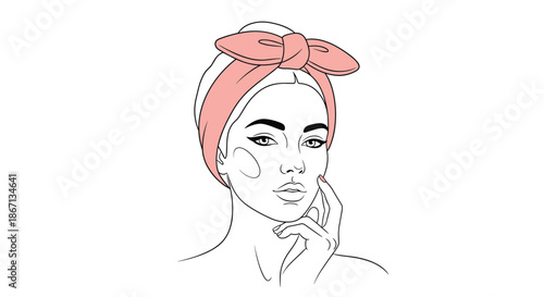 Elegant line drawing of a beautiful woman face wearing a pink bow headband and touching her chin with a graceful hand.