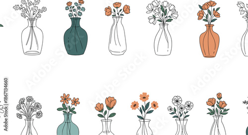 Seamless pattern of various small flower bouquets in different glass vases and jars with some colored in orange and teal.