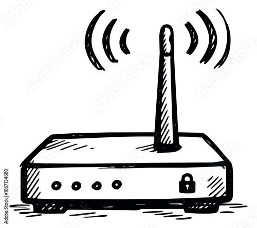 Hand drawn line art illustration of a wi-fi router depicting a wireless signal for internet access