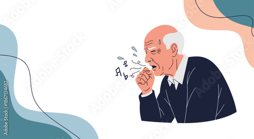 Illustration of a senior man wearing a dark sweater and white shirt coughing and sweating from a respiratory illness or cold.