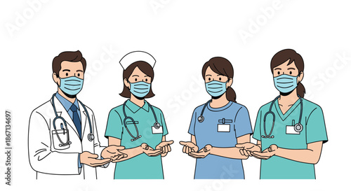 Group of four medical professionals including doctors and nurses wearing protective face masks and holding their hands out.
