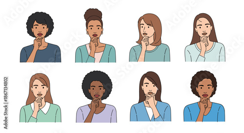 Set of eight character portraits showing women of various ethnicities and hair styles expressing thinking or pondering moods.