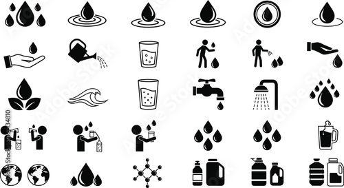 Water conservation icons, eco-friendly droplets, global hydration, sustainable usage, clean water awareness, environmental care, faucet flow, plant hydration, water safety symbols