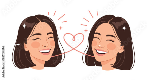 Two identical portraits of a smiling woman with brown hair connected by a thin pink line forming a heart shape.